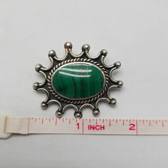 Vintage Taxco Mexican 925 Sterling Silver SUN Malachite Brooch Pin 19.92 Grams - Picture 4 of 6